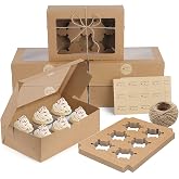 Coolty 20pcs Cake Boxes 6 Holes Cupcake Boxes Cardboard Cupcake Boxes with Stickers and 30 m Sisal Rope for Biscuits Cupcakes