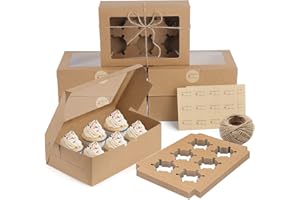 Coolty 20pcs Cajas para Tartas 6 Agujeros Cajas Cupcakes Cajas de Cartón para Magdalenas con pegatinas y 30m Cuerda de sisal para Galletas Magdalenas Cupcakes Postres Tartas (Marrón)