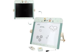 COLORBABY WOOMAX Pizarra Doble Cara Madera, Rotulador y tizas, Borrador, Patas móviles, Bordes Redondeados, Certificado FSC, 40x27x32 cm, +3 años, Pizarras Infantiles, Juguetes educativos (39250)