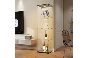 BLSYHDH Vitrina de Cristal con LED, Armario para Colección con 1 Puerta, 4 Estantes Transparentes, Mueble de Cristal para Salón, Bar (4 Pisos, 1 Puerta