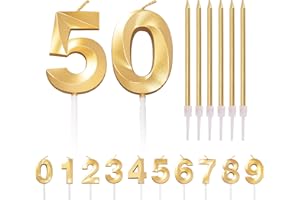 HONGCI Gold 50th Birthday Number 50 Candles for Cake, 50 Year Birthday Cake Topper Decorations, 8 Count, Gold, Non Toxic, Biodegradable, Indoor Use, Number Shape, 11x15cm, 8pcs