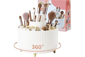 fanado 360° Rotating Makeup Organiser, Makeup Brush Holder, 5 Compartment Makeup and Skincare Storage for Vanity, Desktop, Bathroom (White)