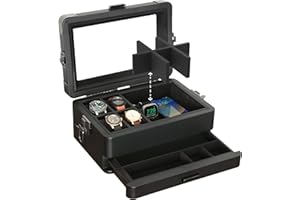 CASE ELEGANCE Caja organizadora militar para reloj con 10 ranuras para hombres, parte superior de cristal real, bandeja de valet modular, Apple Watch compatible con soporte para Apple Watch, negro