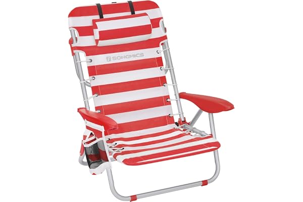 SONGMICS Chaise de Plage, Chaise Camping Pliante, avec Bandoulière, Dossier Réglable, Appui-tête, Accoudoir, 2 Pochettes Latérales, Rouge et Blanc GCB062R01