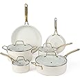 Martha Stewart Lockton Nonstick Ceramic Interior 10 Piece Enamel Auminum Cookware Set - Linen w/Gold Handle