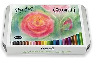 ‎SECCORELL Seccorell Studio Metallbox – 24 Farbstäbchen, 2 Reibeblöcke, Filztasche, Reinigungsbürsten & Radierminenhalter - Finger-Wischmaltechnik zwischen Aquarell und Pastell – für Schule & Zuhause