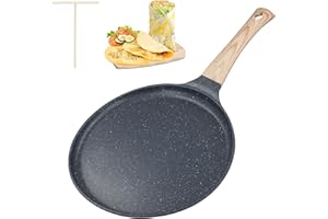 Vusddy Crepe - Padella a induzione, 24 cm, con separatore per impasto, padella per pancake con vere particelle di pietra, rivestimento antiaderente, senza PFOA, manico in legno, per tutti i piani
