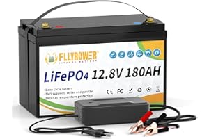 FLLYROWER Lifepo4 Batterie au lithium rechargeable 12 V 180 Ah avec BMS et cellules de classe A 16500 cycles profonds pour moteur de trolling RV Golf Cart Off Grid Home Energie