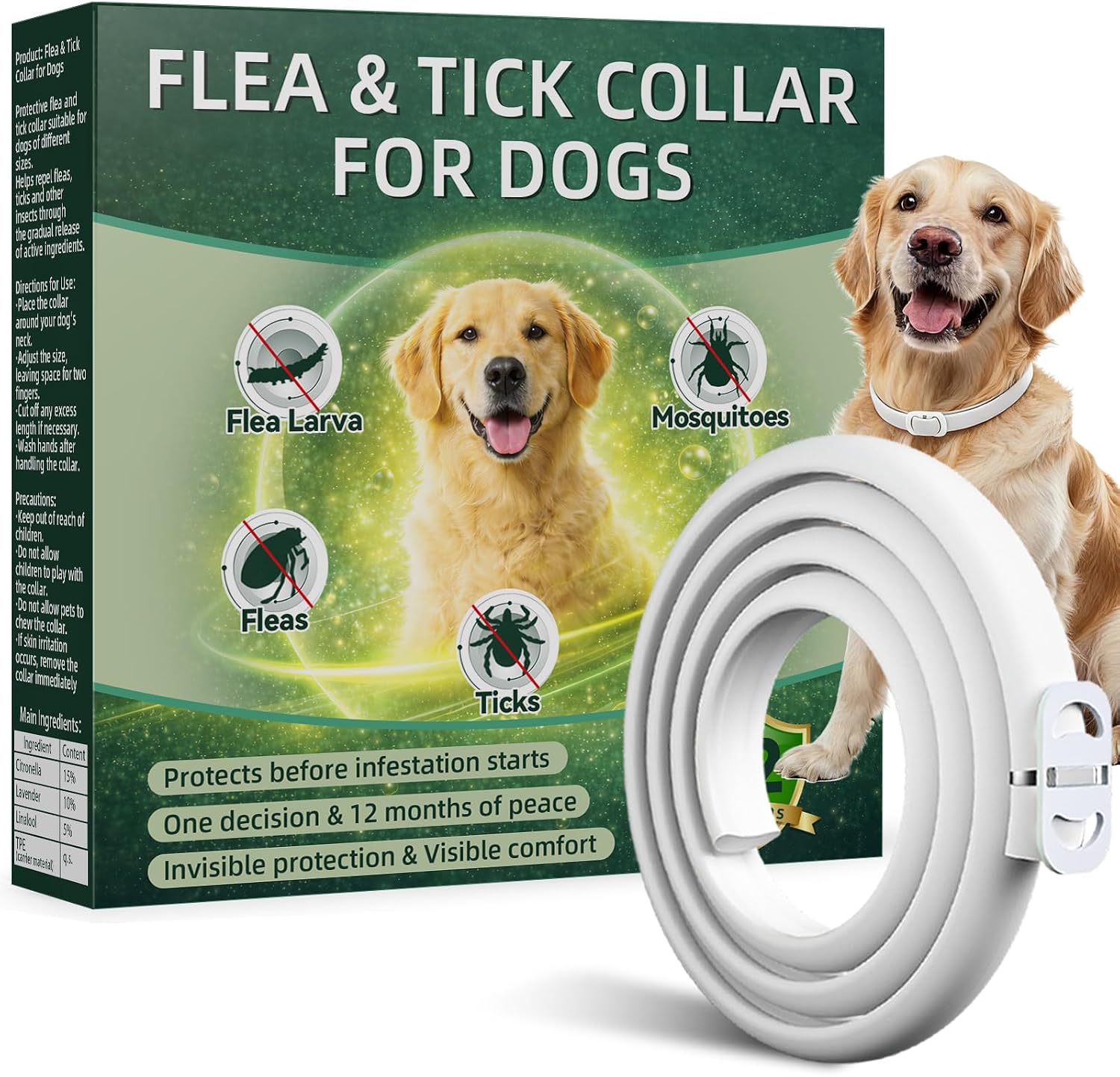 Collar Antiparasitario Perros, Protección Efectiva Collares Antiparasitarios para Perros, 100% Natural, Impermeable, Adjustable, Collar Antipulgas Perros para Pequeños, Medianos y Grandes,65 cm