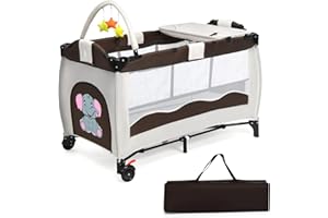‎COSTWAY COSTWAY 3 in 1 Reisebett mit Matratze, Kinderreisebett mit Spielbogen, Wickeltisch, Tragetasche, Beistellbett mit Seitentür, atmungsaktives Netz, Babybett klappbar mit Rollen bis 45 kg belastbar,Braun