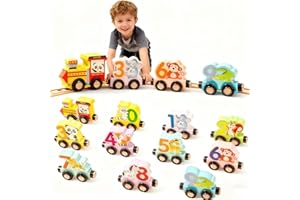 Pmueuff Trenino Legno Giocattolo, 11 Pezzi Trenini Giocattoli Magnetico Giocattoli Educativi Montessori Trenino Magnetico in Legno con Numero e Modelli Animali Regali per bambini bambine da 1 a 4 anni