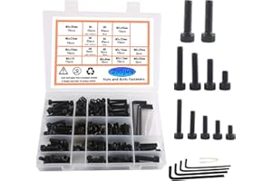 Rshuhx Zestaw śrub M5, M6, M8, śruby sześciokątne, 295 sztuk, stal węglowa, czarne śruby z łbem sześciokątnym i nakrętkami, zestaw podkładek z łbem sześciokątnym, wyposażony w klucz imbusowy
