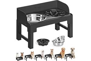Feandrea Gamelle pour Chien Surélevée, avec Support, Ajustable en Hauteur et Inclinable, Support Gamelle, 2 Bols en Acier Inoxydable 304, 1 Bol Anti-Glouton, Noir d'encre PRB103B01