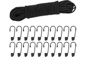 DONDEEN 20M Elastic Cord, 1/4" Thick Shock Cord Heavy Duty 65Ft Elasticated Shock Cord Black Bungee Cords with Hooks for Caravan Camping Cargo Craft Rack (6mm x 20M, Black)