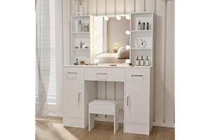 Umeiga Large White Vanity Desk with Mirror and Lights, 39.3" W Makeup Dressing Table with 3 Drawers and 2 Large Cabinet, 3 Color Modes Available for Bedroom, White
