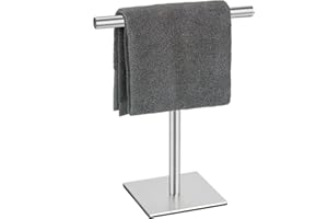 DUKWIN Hand Towel Holder, SUS304 Stainless Steel Hand Towel Stand T-Shaped Silver Brushed Finish Freestanding Rack for Bathroom Kitchen Countertop with Square Base