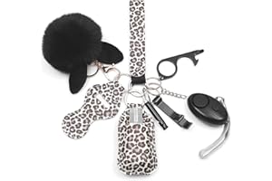 QINER Porte Clef Defense Femme Kit, Porte Clef Alarme Anti Agression avec Securite Accessoire,Alarme de Poche, Brise Vitre,Pom Poms, Ensemble de Porte-Clés de Sécurité pour Femme et Enfant