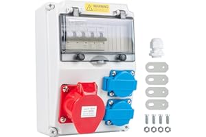 WSPIHO Baustromverteiler 16A mit Leitungsschutzschalter,Wandverteiler mit CEE Steckdose 16A,Starkstrom Verteiler Wasserdicht Außen(2x16A 1P LS+32A 3P LS)