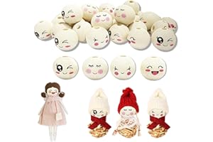 KITNISH 80 Stück Holzperlen Mit Gesicht 20mm Holzperlen Rund, Sorgenwürmchen, Glückswürmchen Zubehör,Naturholzperlen Zum Auffädeln,Diy Bastelarbeiten Dekorationen,4 Stile Perlenweben-Zubehör.