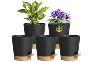 Homeuouz 5er Set Selbstbewässerungstopf 10cm – Kleine Blumentöpfe & Übertöpfe mit Untersetzer in Matt für Zimmerpflanzen & Küche, Perfekt als Kräutertopf, Schwarz-Braun
