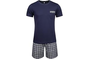 Winovia Schlafanzug Herren Kurz Pyjama 100% Baumwolle Kurzarm Nachtwäsche Nightwear Set mit Rundhals Design und Karierter Hose