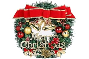 BESTZY Corona de Navidad, Guirnalda Navideña para Puerta Delantera, Guirnalda de Navidad Artificial Colgante con Bayas y Lazo de Bola de Navidad Dorada, Corona Decorativa del Hogar 30 cm