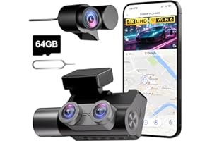 Frvesroe Dashcam 3 Canales para Coche, 4K UHD Delante + Full HD Trasero + Interior, Parking 24h, WiFi 6 & GPS, Visión Nocturna HDR/WDR, Dash CAM Coche con Tarjeta 64GB & Expulsor De Tarjeta (V1)