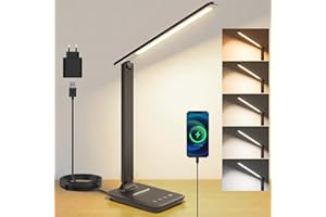 UPXNBOR LED Skrivbordslampa, Dimbart Sängbordslampa | USB-A-Laddningsport, 5 Färglägen och 5 Ljusstyrkenivåer, Touchkontroll, Hopfällbar Läslampa för Sovrum och Hemmakontor