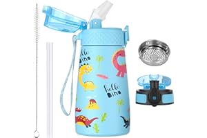 OLDLEY 350ml/12oz Borraccia per Bambini in Acciaio Inossidabile con Cannuccia per Scuola con 2 Diversi Coperchi Bottiglie d'acqua Isolate Sottovuoto in Metallo Fiaschetta per Bevande Fredde Calde Senza BPA