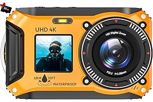 Yixinxin 4K 56MP 33FT UHD Unterwasserkamera zum Schnorcheln mit 32GB Karte Dual-Screen wasserdichte staubdichte schwimmfähige Kamera Autofokus 1500mAh
