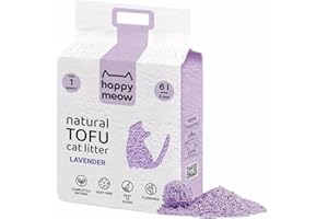 HAPPY MEOW Arena de Tofu para Gatos (6L / 2,5Kg) - Natural y Biodegradable - Aglomerante Instantáneo, Bajo en Polvo, Control de Olores Duradero, Ultra Absorbente, Desechable en el Inodoro (Lavanda)