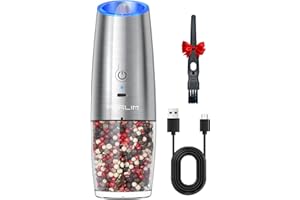 FORLIM Macinapepe Elettrico, Ricarica USB, Macina Sale da 6 Once, Con Luce a LED, Operazione a Una Mano, Regolabile Per Spessore, Acciaio Inossidabile 1 Pezzo (Argento)