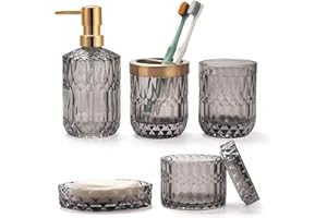 IVAILEX 5PCS Grey Glass Bathroom Accessories Sets of Lotion Dispenser, Soap Dish, Toothbrush Holder, Tumbler, Cotton Swab Jars, Modern Bath Decor, Vintage Gift