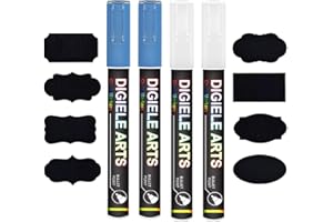 DIGIELE Pennarelli Gesso Liquido Bianco + Blu, 2pcs Bianco Pennarello 3mm + 2pcs Blu 3mm Pennarello Gesso e 16 Etichette Lavagna, Asciutto o Bagnato Cancellabili, Reversibile Punta Scalpello o Tonda