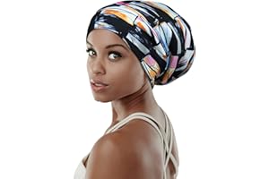 FOCUSCARE Gorro de dormir ajustable con forro de satén para rastas, cabello rizado, cabeza grande, permanece en la noche, beige púrpura, Talla única