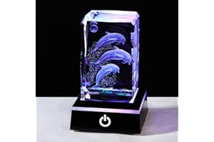 Ornalrist 3D Crystal Engraved 3 Dolphins Figurines Statue Dolphin Gifts for Women Men, Birthday Gifts for Dolphin Lovers Friends Glass Ornaments with LED Base for Home Decoration