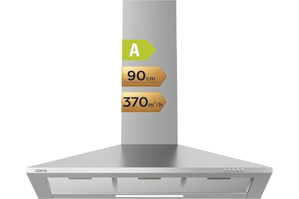 CIARRA CAS9201A Hotte Aspirante 90 cm Classe A - 370m³/h - Recyclage ou Evacuation - Cheminée Extensible - Hotte Noire - Acier Inoxydable