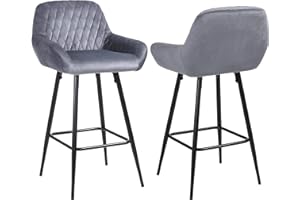 ralex-chair Bar Stools Set of 2 Grey Velvet Fabric with Backrest and Armrest, High Stools Supported Black Metal Legs Breakfast Counter Chairs for Bar, Counter, Kitchen, Home and Commercial Use