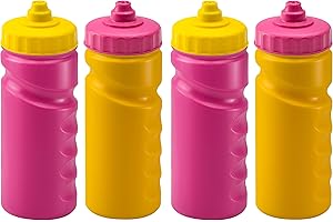 Foxberry 4 x 500ml - Water Bottles - BPA Free - Hands Free Lid - Leakproof Non Drip Spout - Ergonomic Finger Grips - Dishwasher Safe - Blank For DIY Branding and Decoration (Pink Yellow)