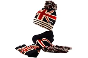 Itzu Union Jack Knit Bobble Beanie Hat Fingerless Gloves Scarf Winter Navy Red Cream (2/3 Piece Set)