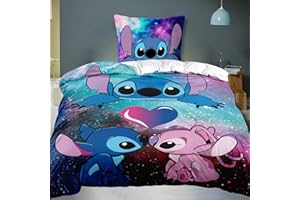 PIIMNT Stitch Ropa de Cama, Stitch Funda De Almohada, Stitch Regalos Cosas De Stitch Niña Stitch Funda Edredon Cama 135, Sabanas Stitch Funda Cama Stitch Cama Regalos para NiñOs (135x200cm)