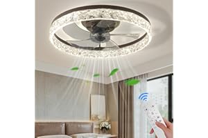 DIISUNBIHUO 20" Modern LED Ceiling Fan with Lights Dimmable Acrylic Dimmable Low Profile Ceiling Fan Flush Mount Bladeless Chandelier Fan Stepless Color Temperature Change and 6 Speeds (Brown)