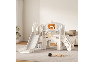 VUECER Tobogán para Niños Pequeños con Escalera: Zona de Juegos Interior y Exterior con Caja de Almacenamiento Túnel Escalera Aro de Baloncesto y Zona de Paso Tobogán de Jardín (Star Set-F-Gray)