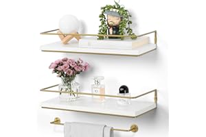 DIFFERTEMP Wandregal Weiß, Regal Wand Weiß, Schweberegal mit Gold Handtuchhalter, Regalbrett Weiß Freischwebend 2er Set, Moderne Dekorative Hängeregal Weiß für Badezimmer, Küche, Schlafzimmer, Wohnzimmer (Weiss)