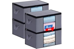 JAECU 4PCS 90L Cajas Almacenaje Ropa, Bolsa Almacenamiento Ropa Plegable con Ventana Transparente, Organizador Armario para Abrigos Mantas Edredones, 60x43x35cm