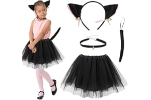 Seasboes Kostium dla dziewczynek i dzieci, 4-częściowy zestaw kostiumów dla dzieci, kostium kota, cosplay, tutu z uszami kota, naszyjnik z dzwoneczkiem, kostium kotka na karnawał, imprezę tematyczną
