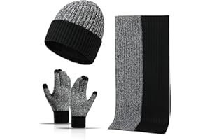 GEEKEO Cadeau Homme, Cadeau Saint Valentin Homme, 3 Packs Bonnet Echarpe Gants Hiver Homme, Ensemble Gants Tactiles Bonnet Chaud Doublé Polaire et Echarpe Tricotés d'hiver, Idee Cadeau Homme Femme