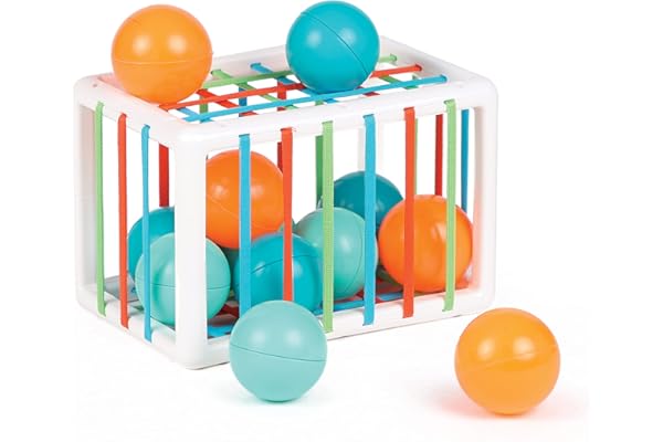 Ludi - Cube De Manipulation - Jouets D'Éveil Bébé - Dès 10 Mois - Développe La Réflexion, La Motricité Fine, Le Toucher & La Découverte - 1 Cube Élastique + 12 Balles Oranges & Bleues Au Son Rigolo