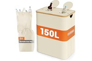 YOUDENOVA 150L Pfandflaschen Sammelbehälter mit Deckel & Geruchsdicht, Mülleimer 2 Fächer Küche, Flaschensammler Leergut & Altglas Aufbewahrung, Bambus Recycling Behälter Müllsackständer, Beige