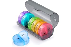 SUKUOS Pilulier Semainier Francais Matin et Soir, Pilulier Rond 7 Jours 14 Compartiments Pillbox Multicolores Pilulier Hebdomadaire - Deux Fois Par Jour Medication Dispenser